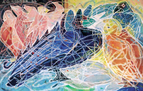 Regner - Tableau - L'oiseau cremaillère et le poisson - La crémaillère dans le poulailler - 1966 - huile sur toile