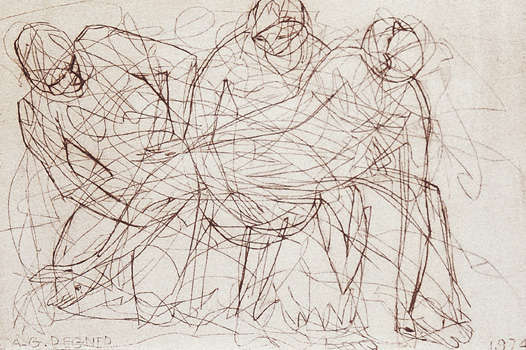 Alfred Georges REGNER, n° 494 - Gravure - Piéta avec Saint-Jean - 1974 - pointe sèche - 13,1 x 19 cm - 3 états - 1 épreuve d'artiste - Voir le tableau correspondant - Collection BnF (Bibliothèque nationale de France), département des Estampes et de la Photographie, Paris - Collection musée des Beaux-Arts et de la dentelle, Calais, France, inventaire n°89.22.27, tirage 4/60
