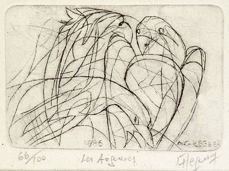 Alfred Georges REGNER, n° 513 - Gravure - Les augures - 1986 - pointe sèche - 9,2 x 14 cm - 3 épreuves d'artiste - Tirage 100 - Collection musée des Beaux-Arts et de la dentelle, Calais, France, inventaire n°89.22.48, tirage 59/100